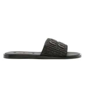 MIU MIU Raffia-effect woven fabric slides black